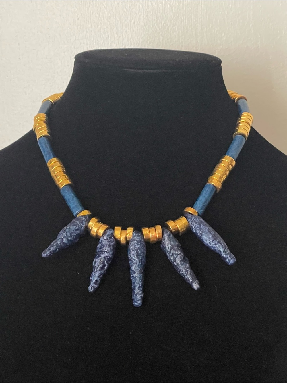 Vintage Greek ceramic dark blue, gold beads  Handmade in Greece